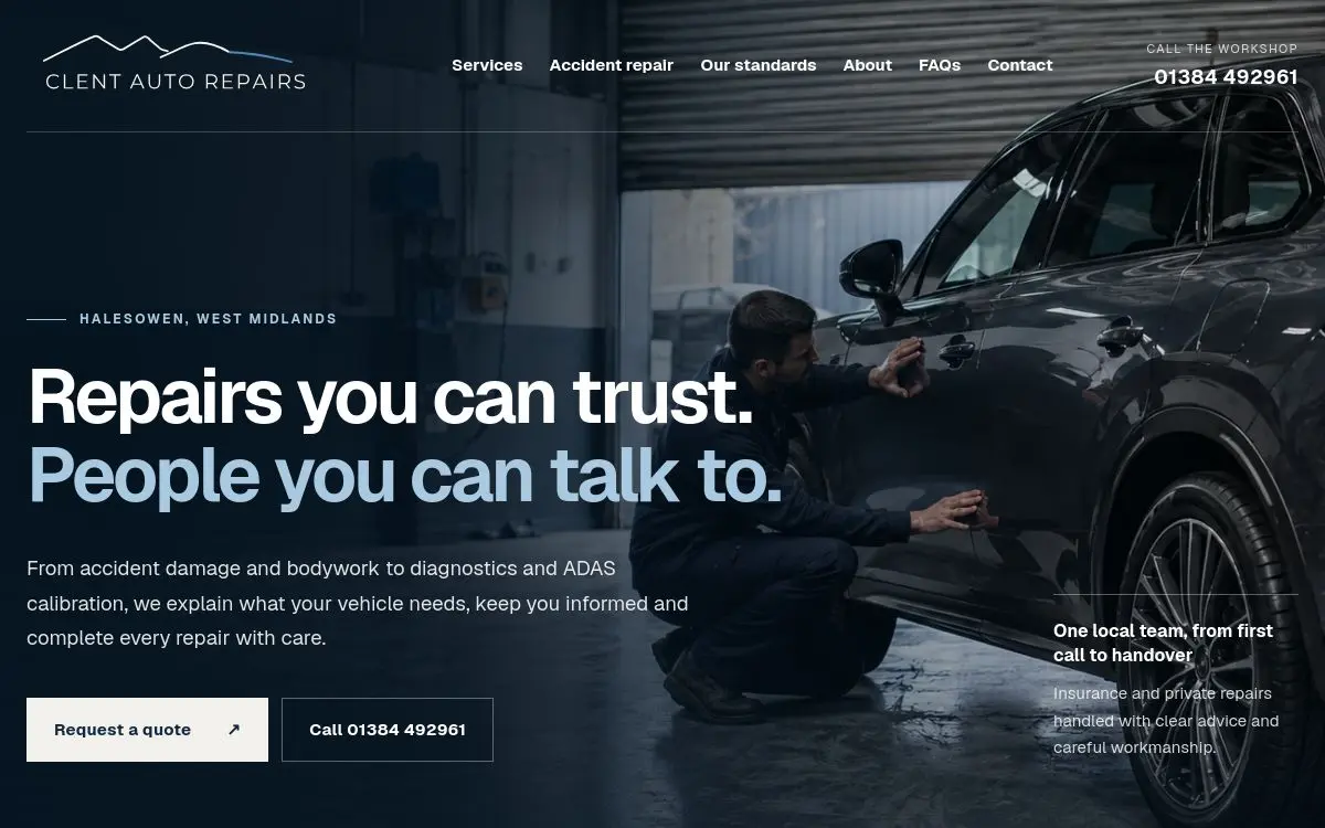 Clent Auto Repairs website by Set Up & Seen