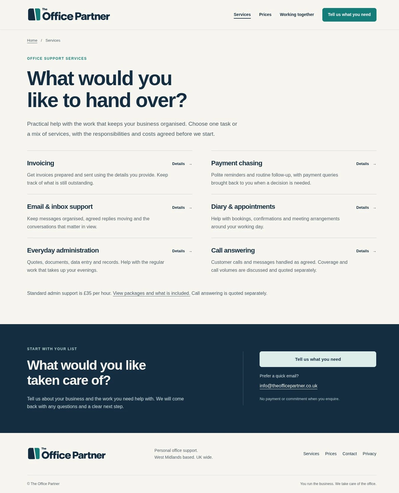 The Office Partner services page explaining practical office support tasks