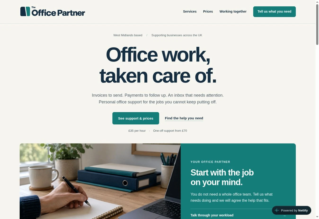 The Office Partner homepage, with service information, pricing and a clear enquiry route